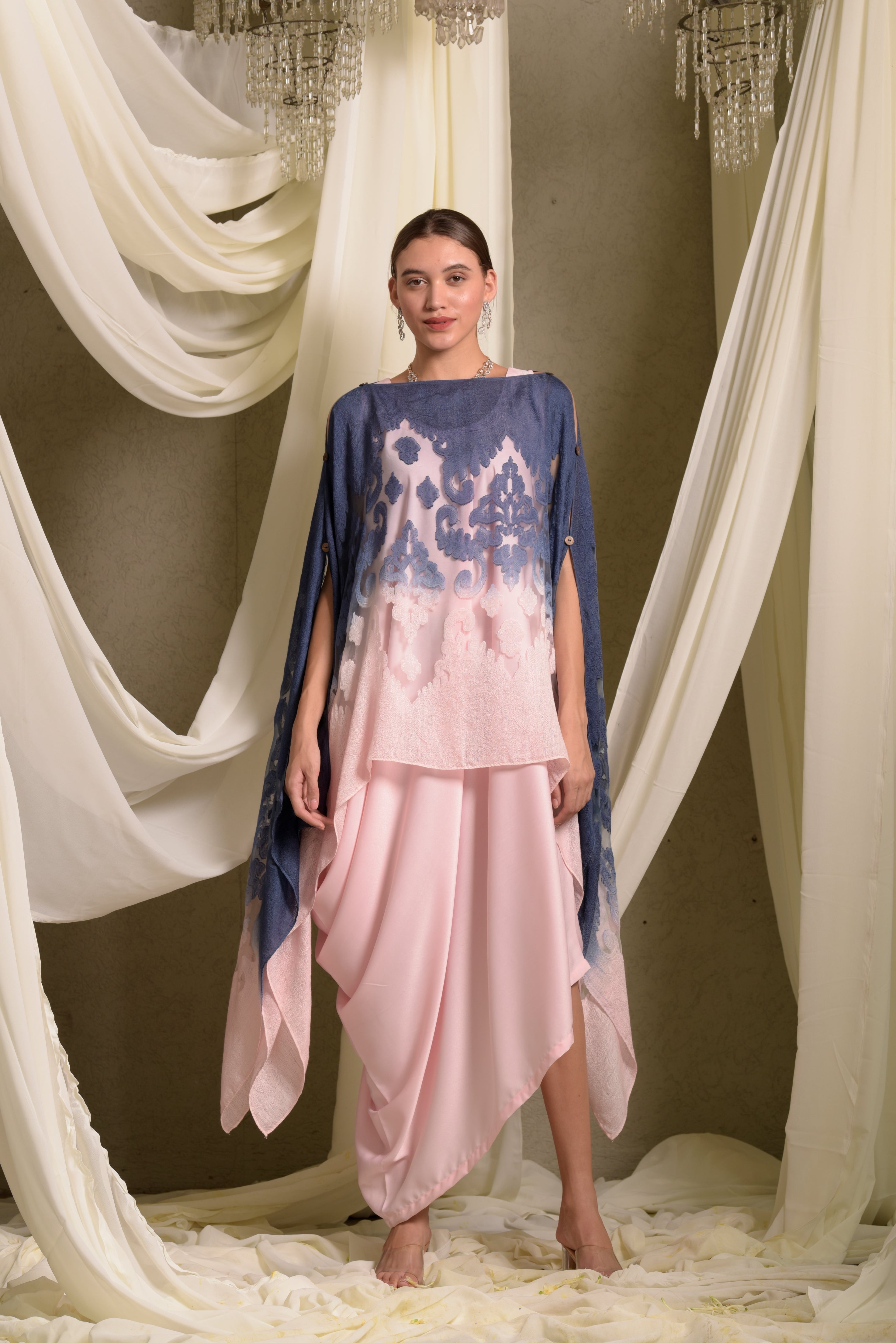 Slip Easy Dress With Organza Cape - Pink &amp; Blue