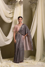 Load image into Gallery viewer, Metallic Pleated Gown Saree With Ombre Palla - Peach Grey