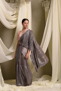 Metallic Pleated Gown Saree With Ombre Palla - Peach Grey