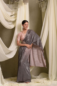 Metallic Pleated Gown Saree With Ombre Palla - Peach Grey