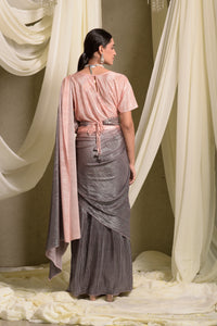 Metallic Pleated Gown Saree With Ombre Palla - Peach Grey