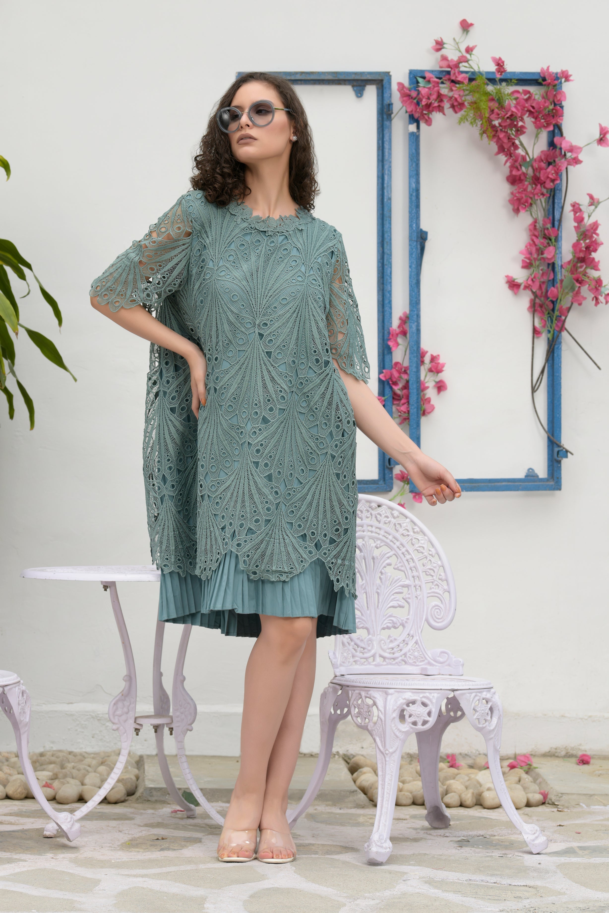 Myra Mesh Daylily Lace Dress- Soft Green