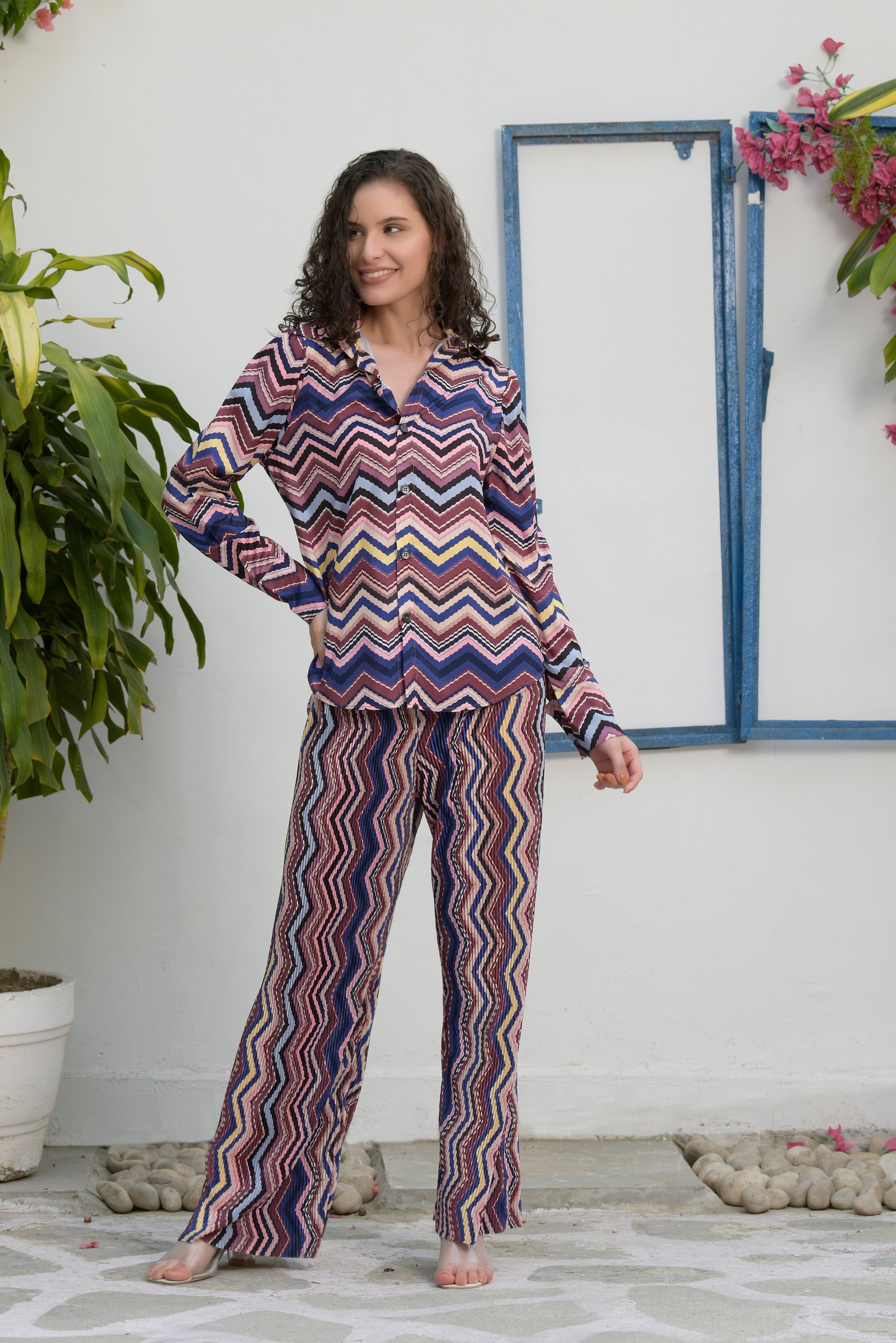 Siciley Satin Chevron Co-ord Set - Pink & Blue