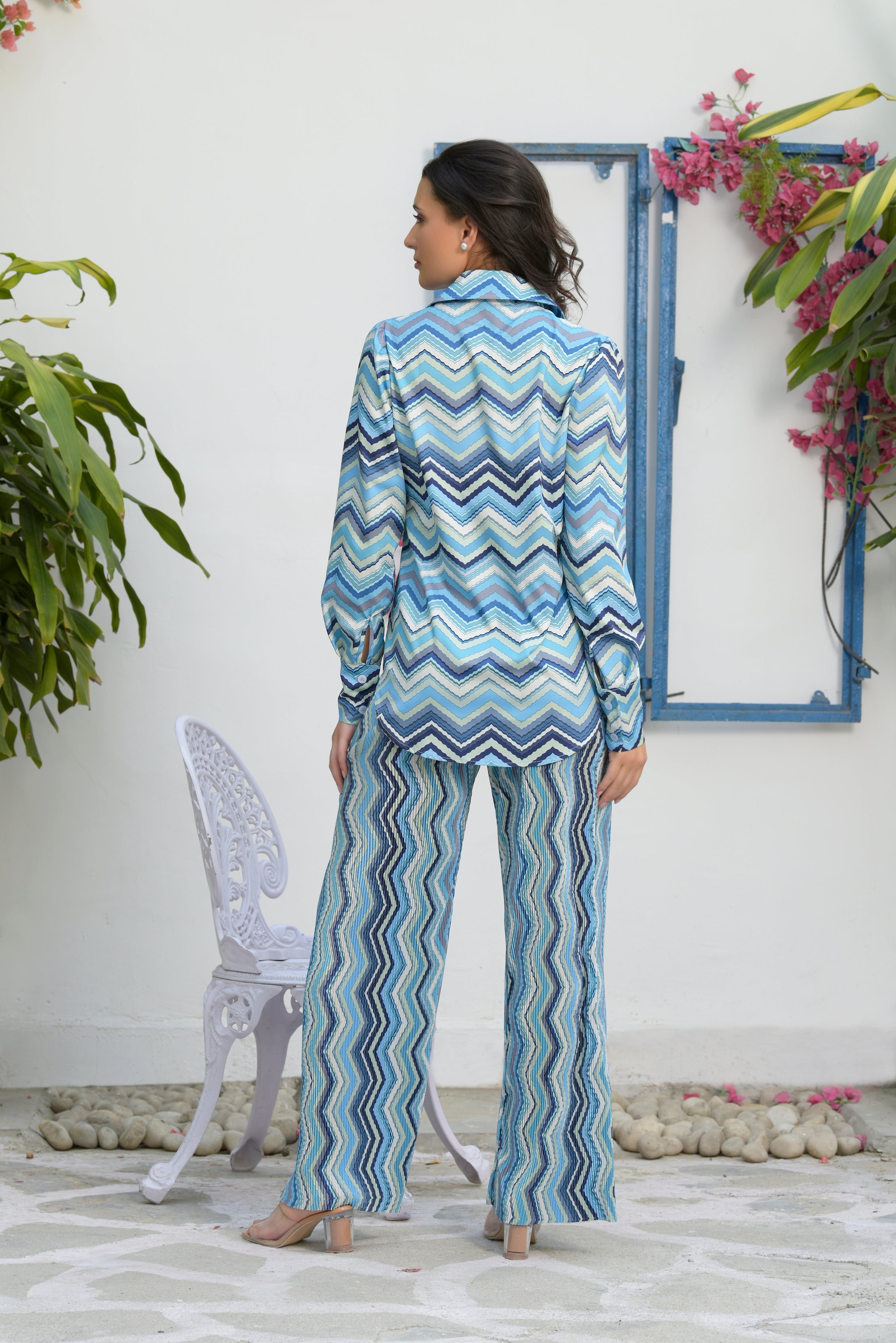 Siciley Satin Chevron Co-ord Set - Grey & Blue