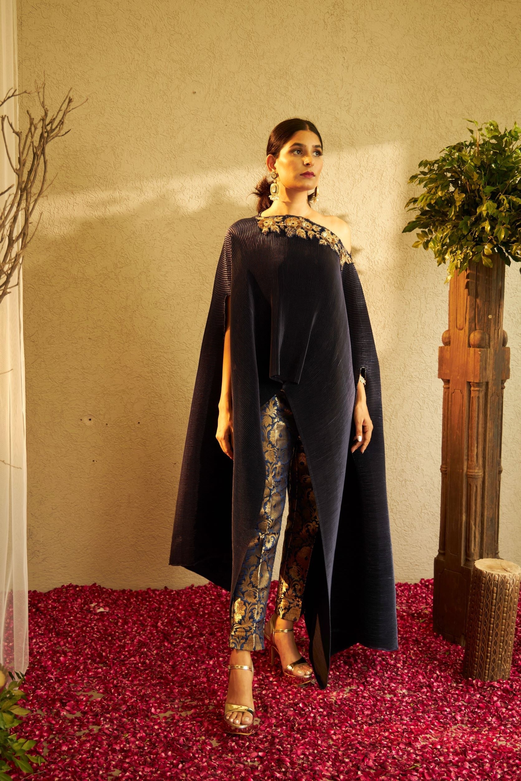 Divine Embroidered Cape with Brocade Pants - Blue