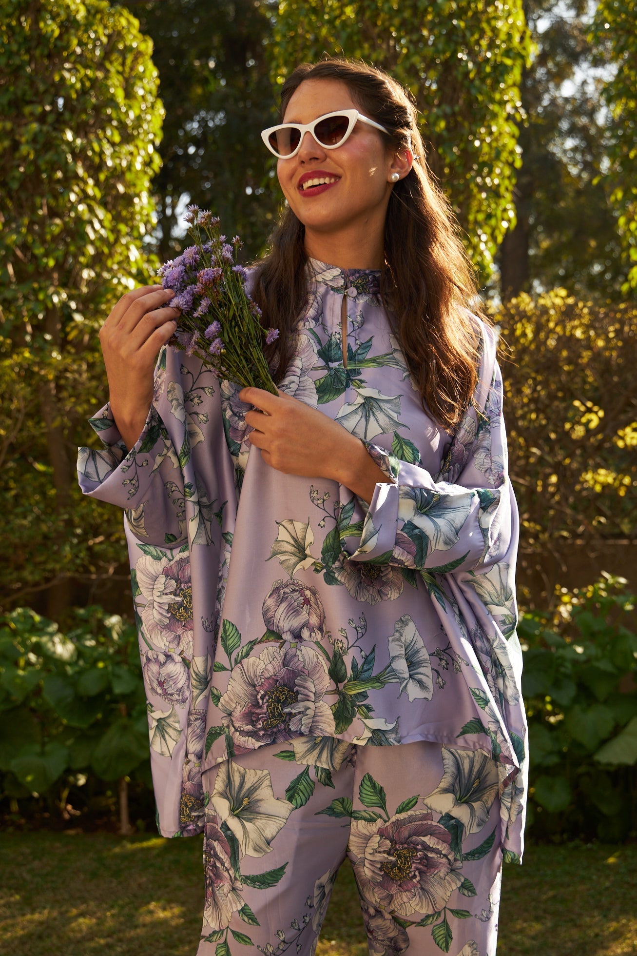 Sicily Satin Block Print Co-ord Set with Baloon Top - Green and Purple