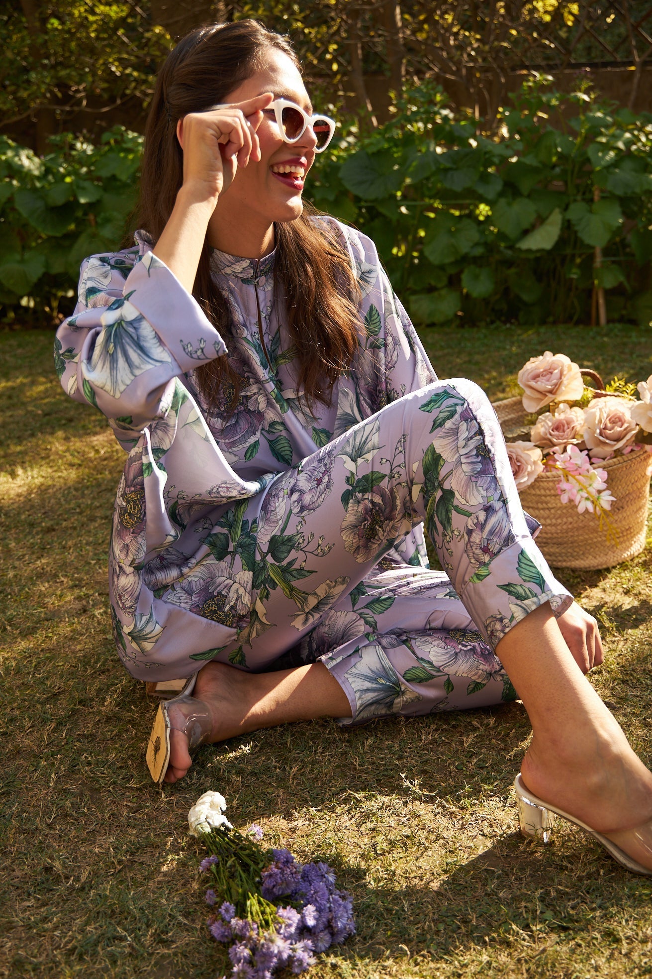 Sicily Satin Block Print Co-ord Set with Baloon Top - Green and Purple