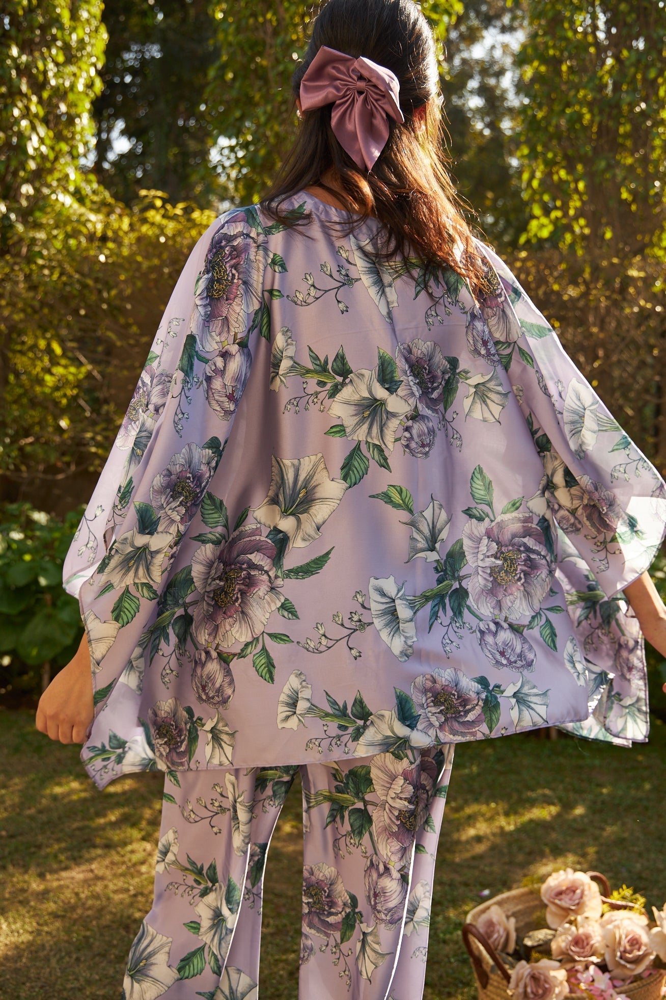 Sicily Satin Block Print Kaftan Co-ord Set - Green and Purple