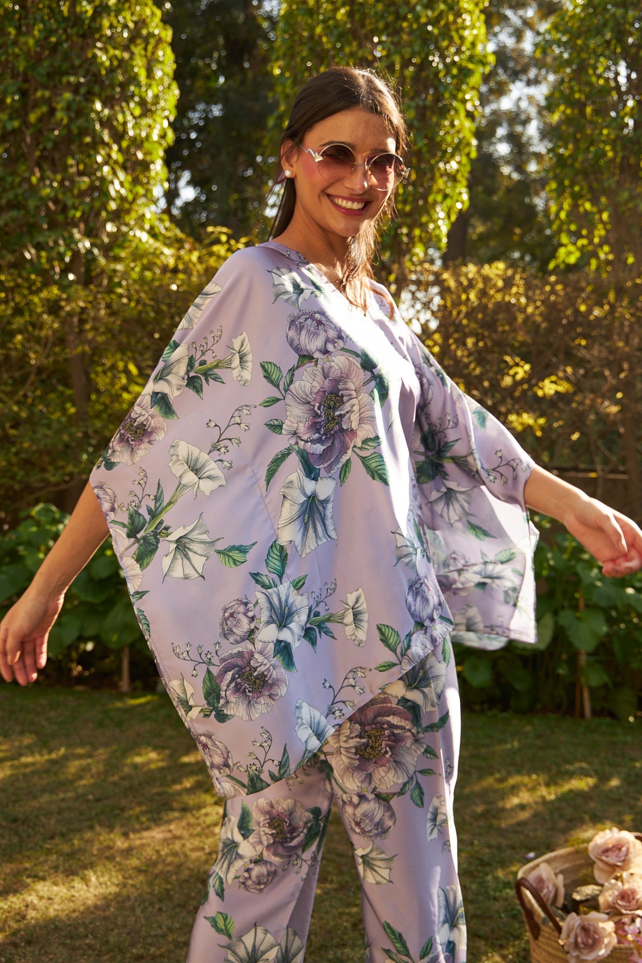 Sicily Satin Block Print Kaftan Co-ord Set - Green and Purple