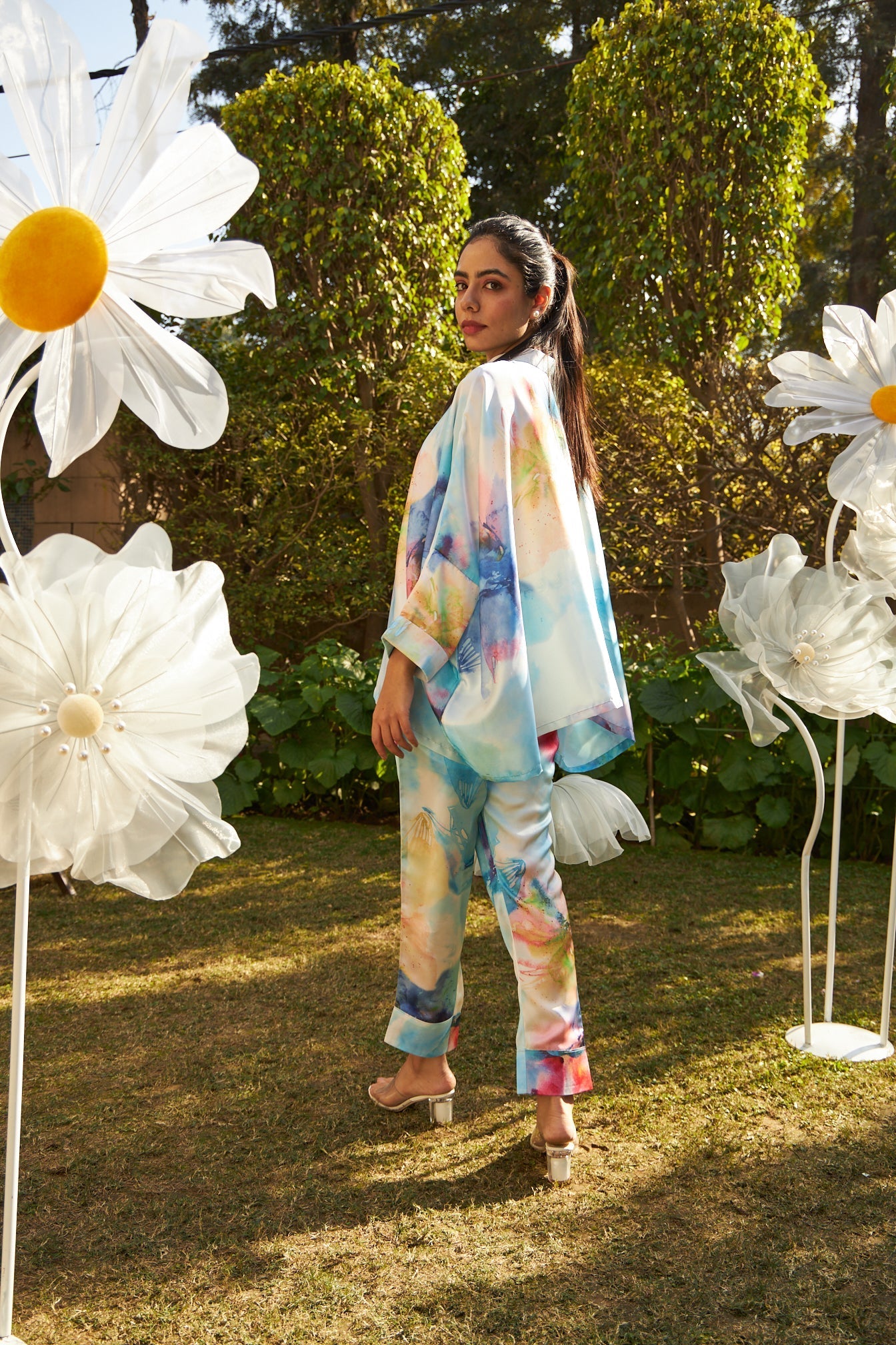 Sicily Satin Safari Co-ord Set with Balloon Top - Electric Blue