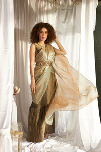 Magnificent Metallic Gown Saree with Liquid Tissue Palla - Copper