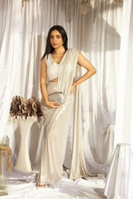 Load image into Gallery viewer, Saia Metallic Slit Saree with Embellished Pearl Blouse - Glossy Ivory