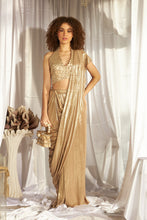 Load image into Gallery viewer, Saia Metallic Slit Saree with Embellished Sequins Blouse - Glossy Beige