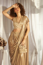 Load image into Gallery viewer, Saia Metallic Slit Saree with Embellished Sequins Blouse - Glossy Beige
