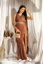 Load image into Gallery viewer, Classy Pleated Gown Saree with Embroidered belt - Rust