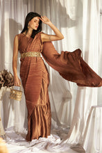 Load image into Gallery viewer, Classy Pleated Gown Saree with Embroidered belt - Rust