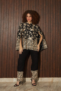 Reyna Gara Glazed Cape Jacket With Coordinated Plain Pants- Black
