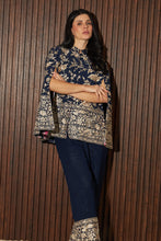 Load image into Gallery viewer, Reyna Gara Glazed Cape Jacket With Coordinated Plain Pants- Blue