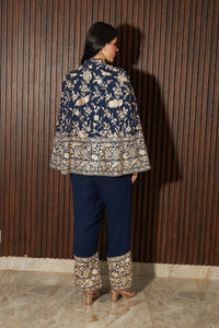 Reyna Gara Glazed Cape Jacket With Coordinated Plain Pants- Blue