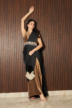 Load image into Gallery viewer, Reyna Glazed Classy Pleated Color Block Gown Saree with Gara Belt- Black &amp; Brown