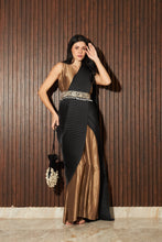 Load image into Gallery viewer, Reyna Glazed Classy Pleated Color Block Gown Saree with Gara Belt- Black &amp; Brown