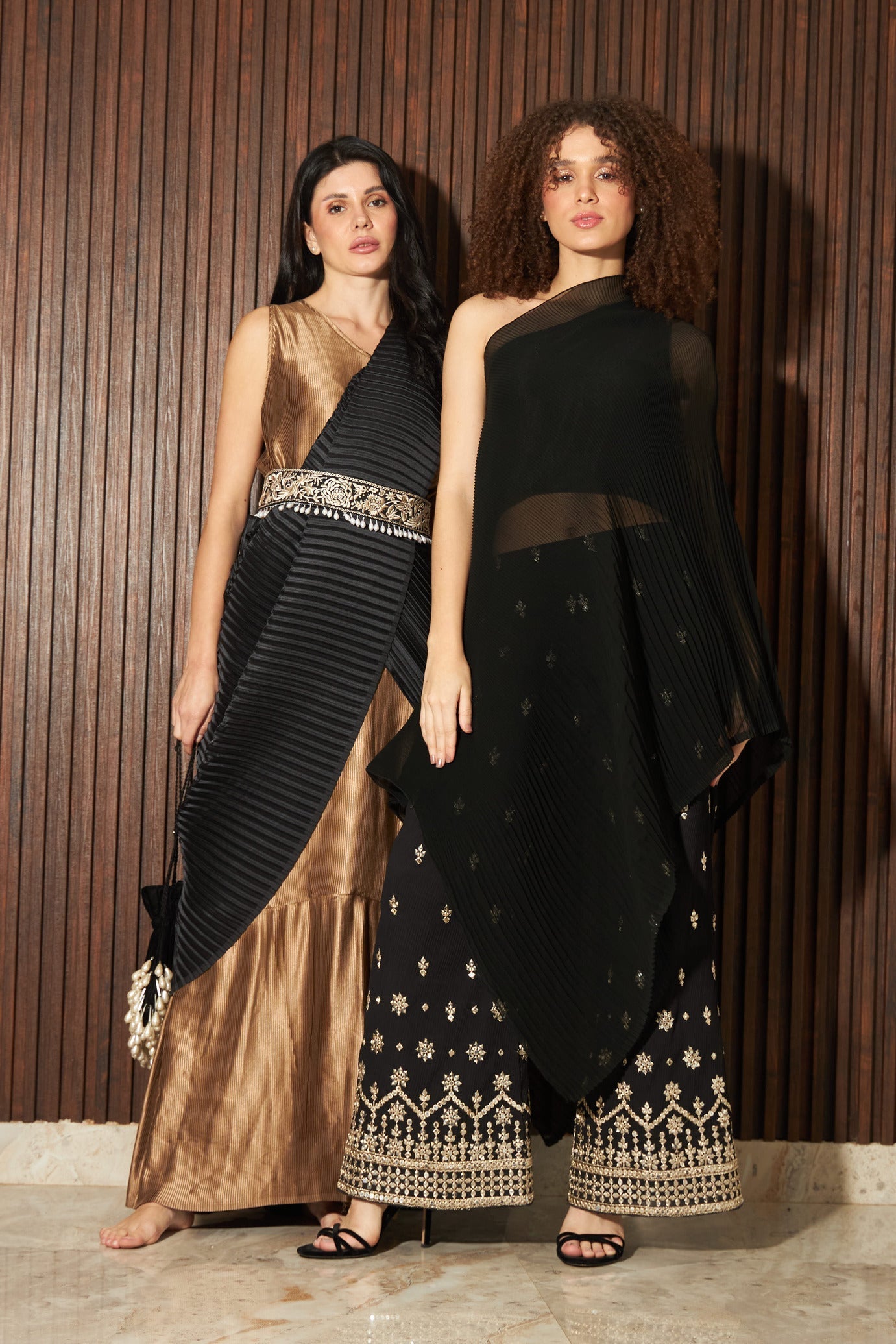 Reyna Glazed Classy Pleated Color Block Gown Saree with Gara Belt- Black &amp; Brown