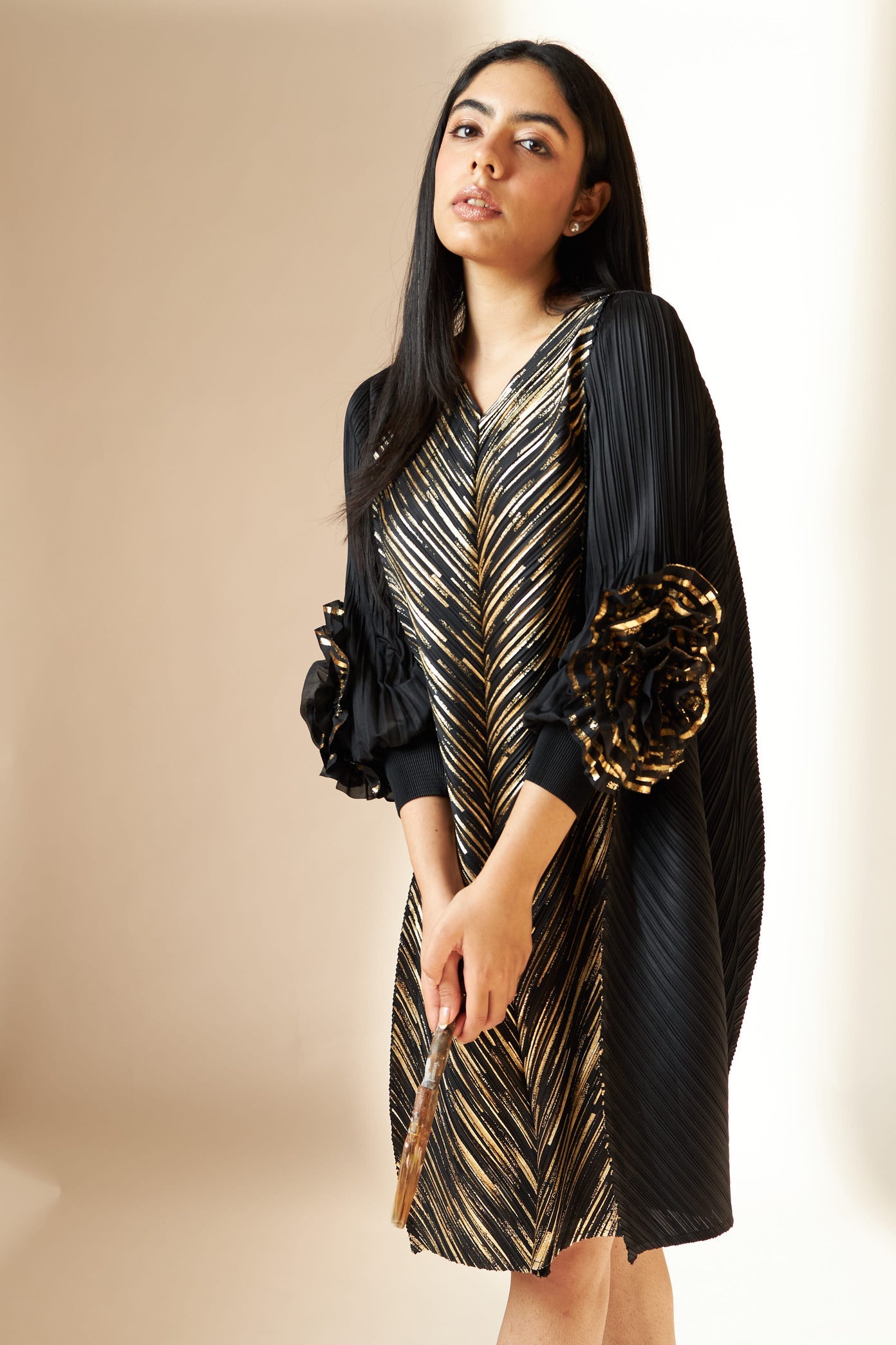 Patricia Flower up Sleeve Metallic Dress - Black