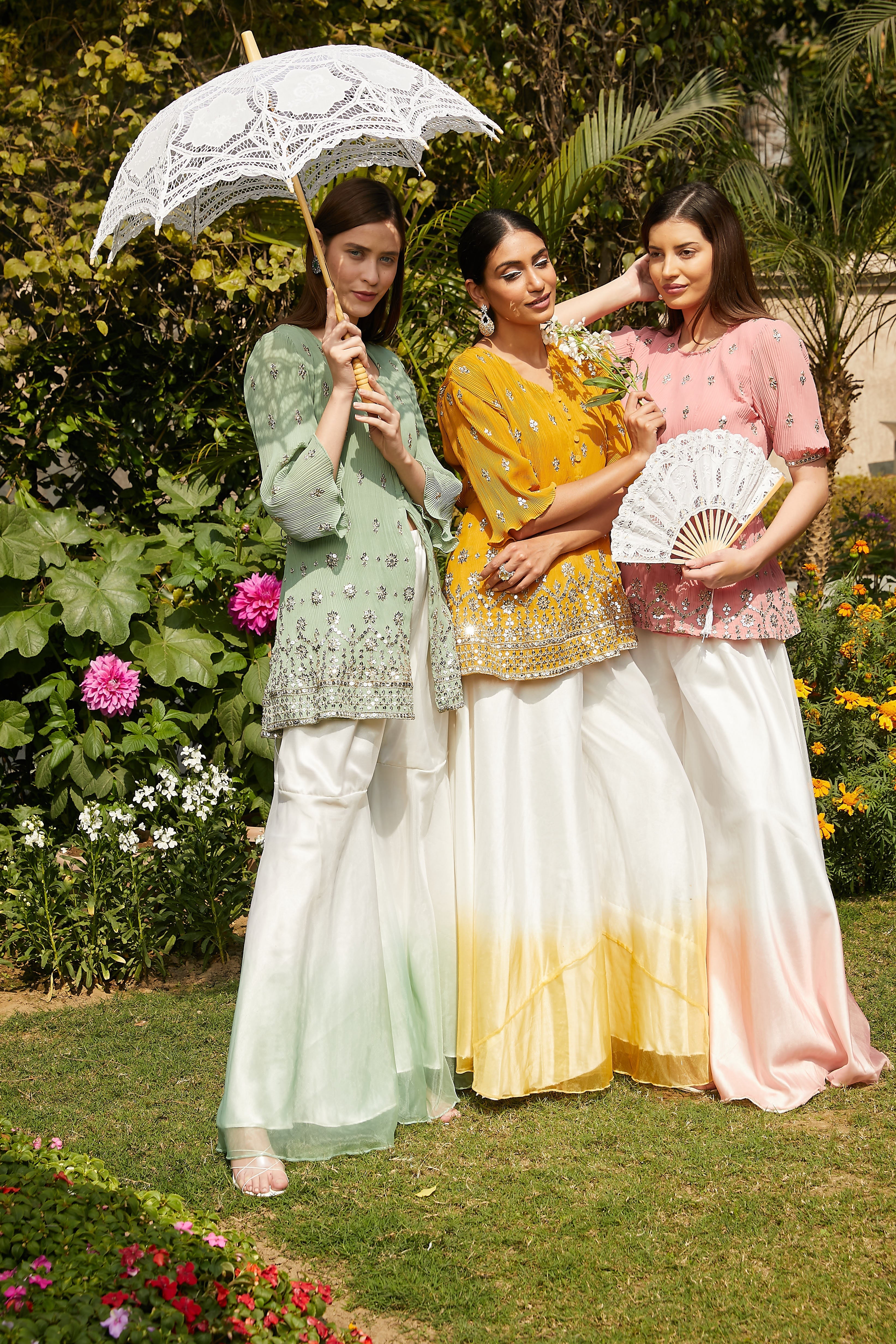 Dainty Diana Embellished Long Tunic with Ombre Organza Sharara and Embroidered Dupatta - Mint Green