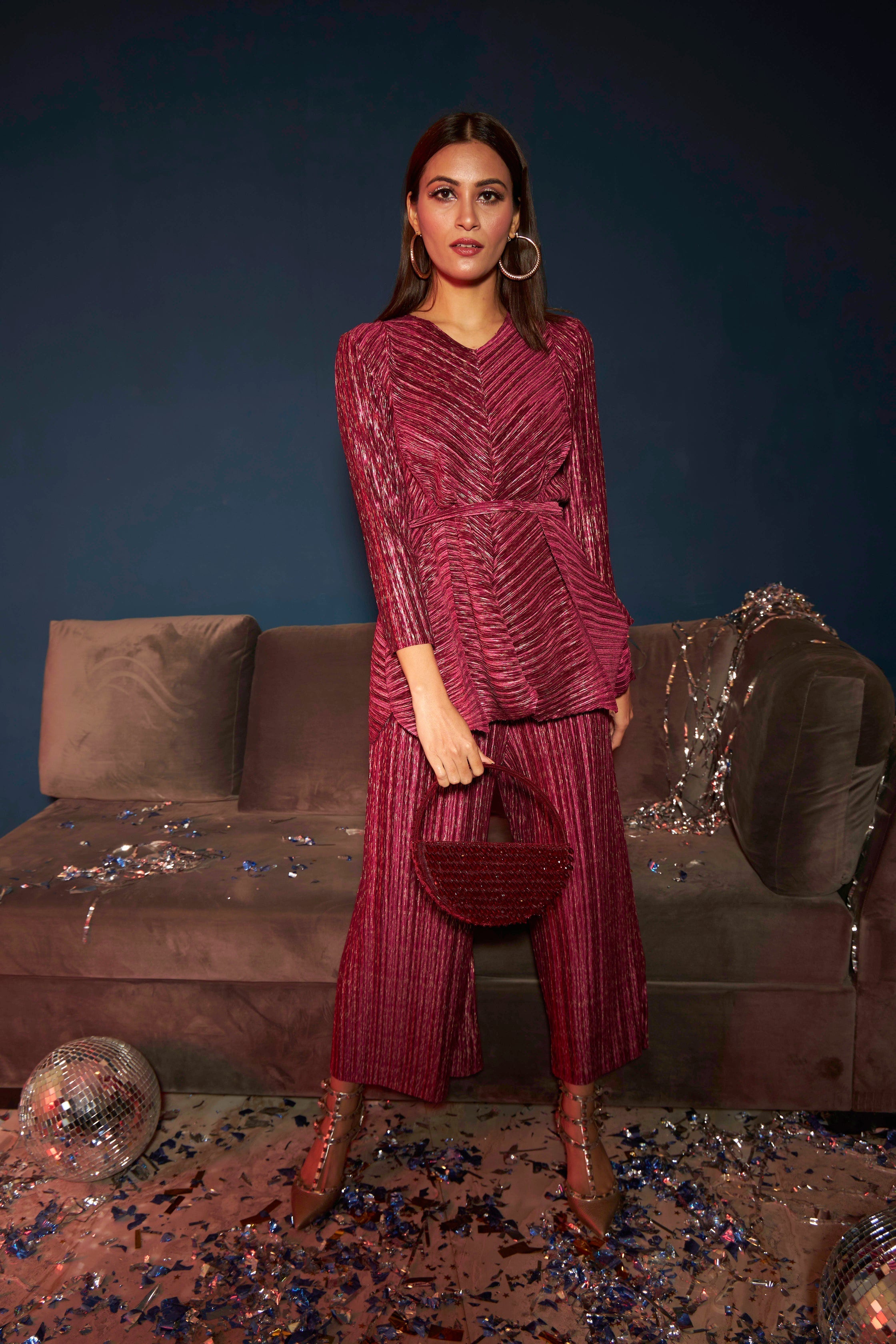 Milan Metallic Blair Pleated Co-ord Set - Wine