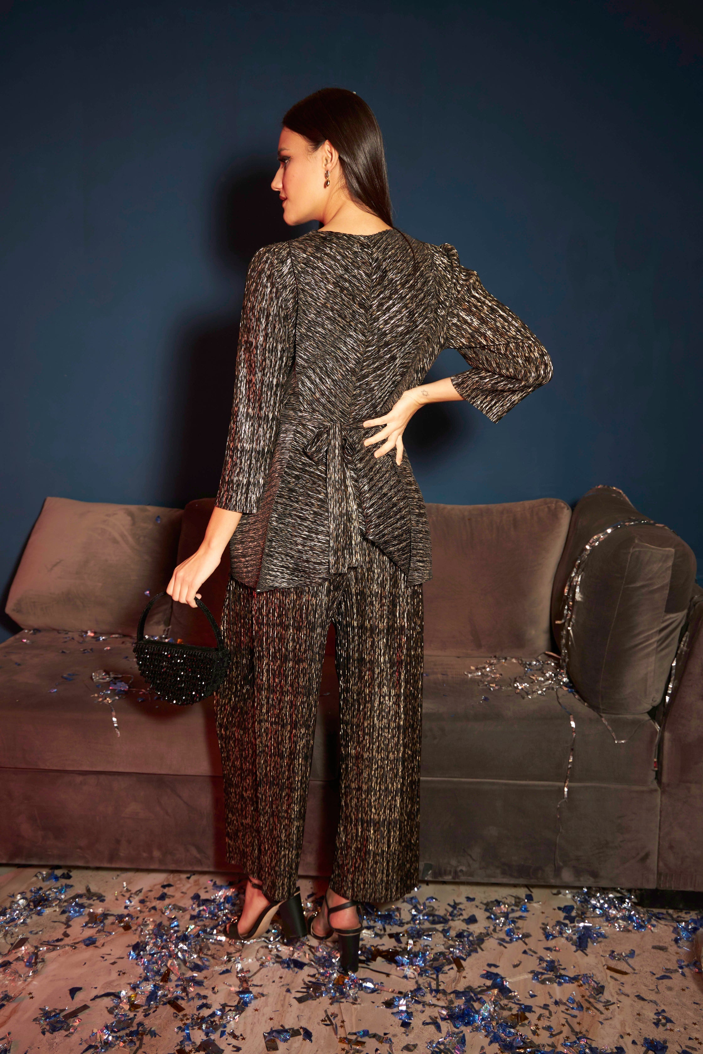 Milan Metallic Blair Pleated Co-ord Set - Black
