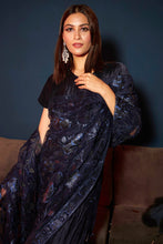 Load image into Gallery viewer, Idylic Adorned Gown Saree with Floral Mesh Pallah - Midnight Blue