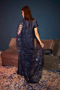 Idylic Adorned Gown Saree with Floral Mesh Pallah - Midnight Blue