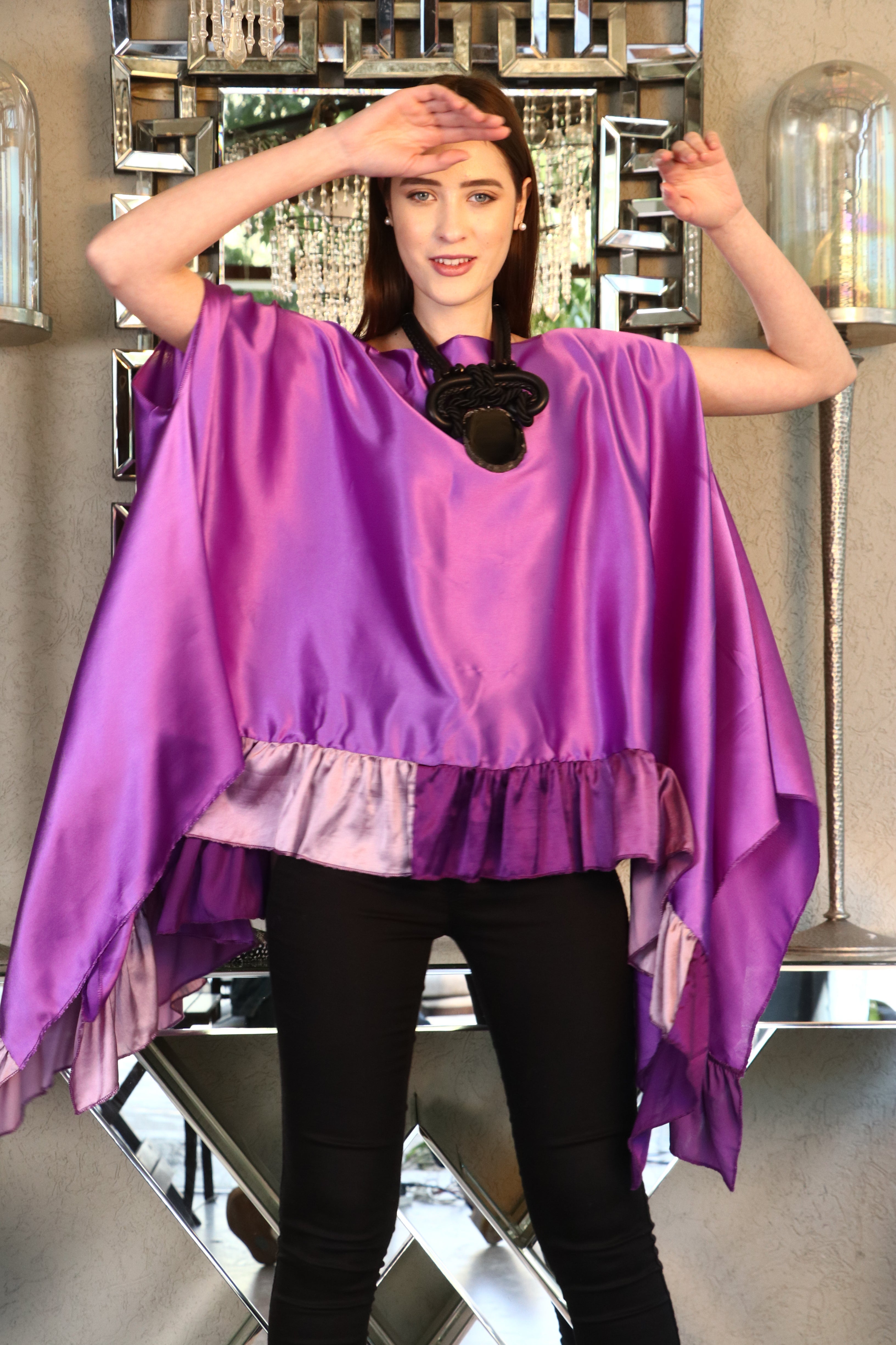 Sicily Satin Silk Ruffle Cape - Orchid