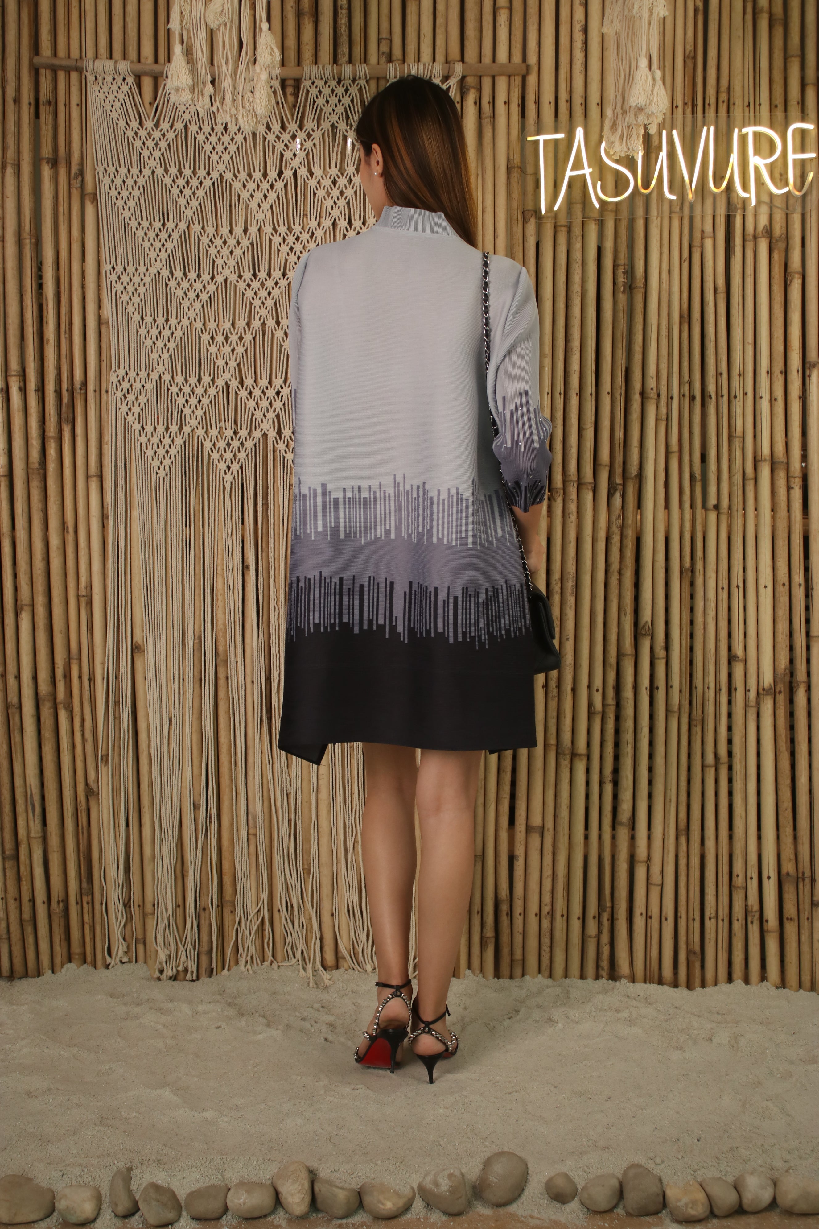 Designer Partywear Pleated High Neck Grey Shirt Dress Online for Women. Get Exclusive Latest Dresses & Co Ord Sets Online on Women Clothing Website Tasuvure