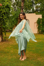 Load image into Gallery viewer, Sahanna Scalloped Floral Mesh Cape with Slip Easy Dress - Cool Green