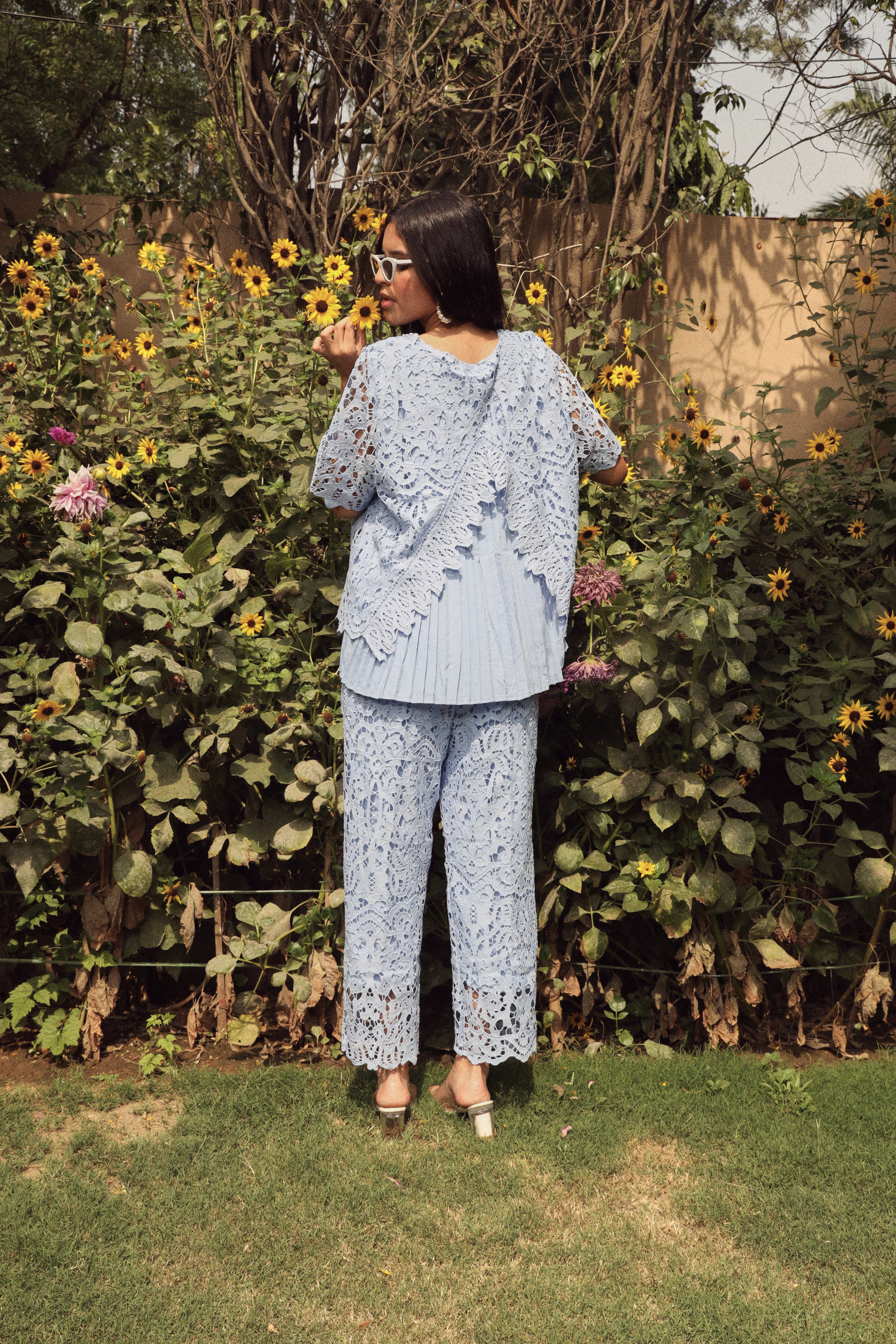 Myra Mesh Cross Back Co-ord Set- Light Blue