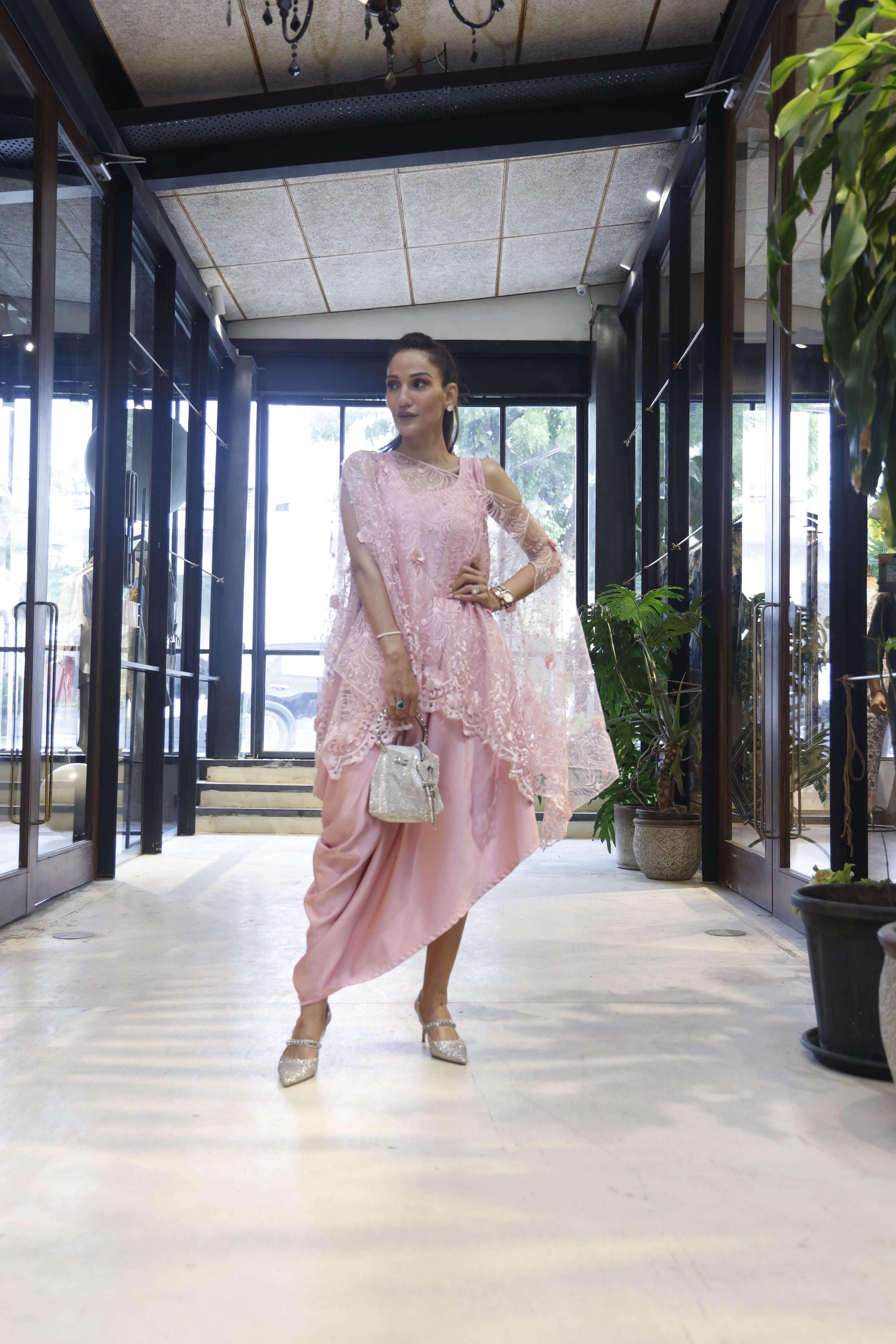 Harpreeth Suri (momwearsprada) in our Sahanna Scalloped Floral Mesh Cape with Slip Easy Dress - Blush