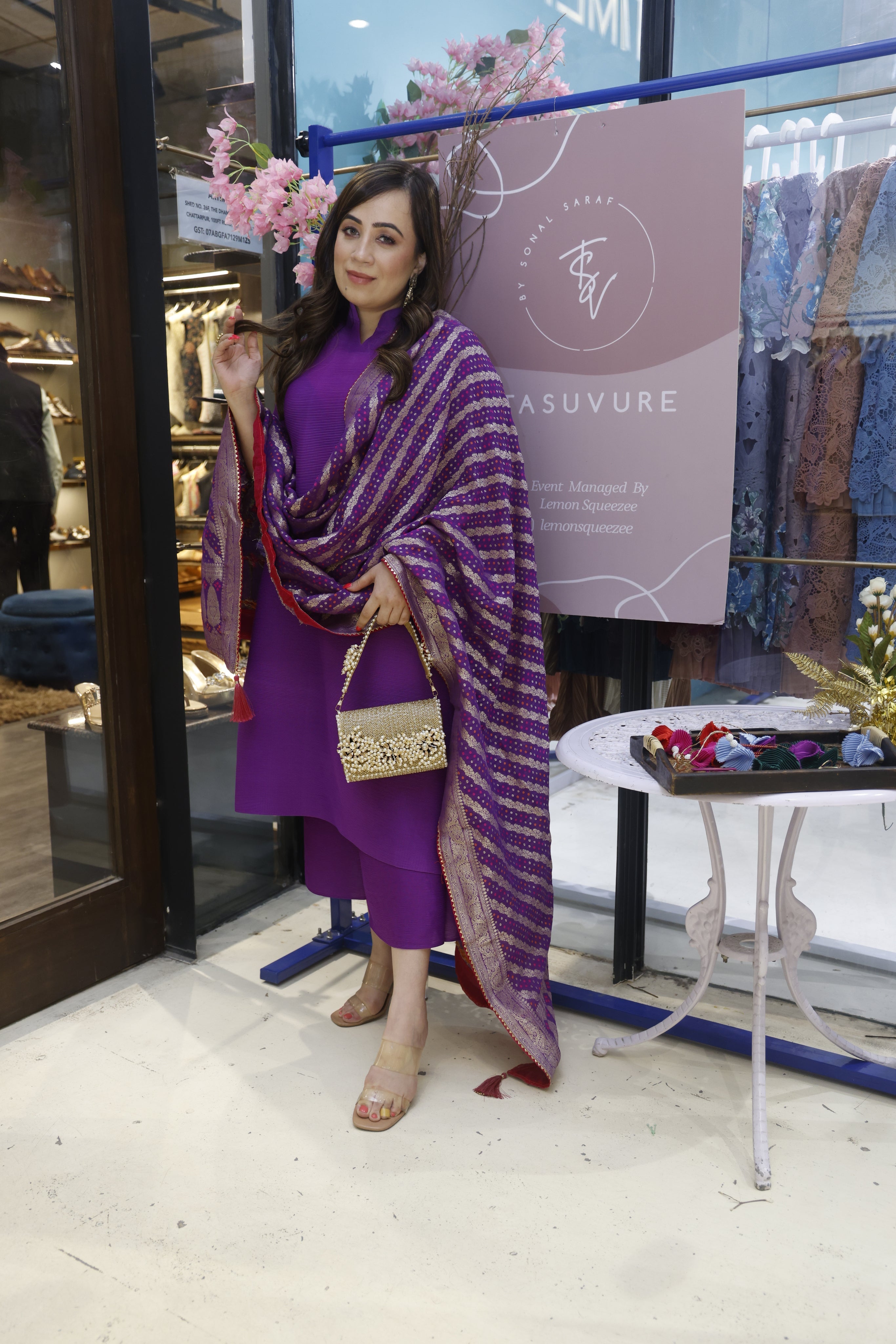 Rishika in our Myra Mandarin Kurta with Culotte Pants and Bandhani Chunni - Purple