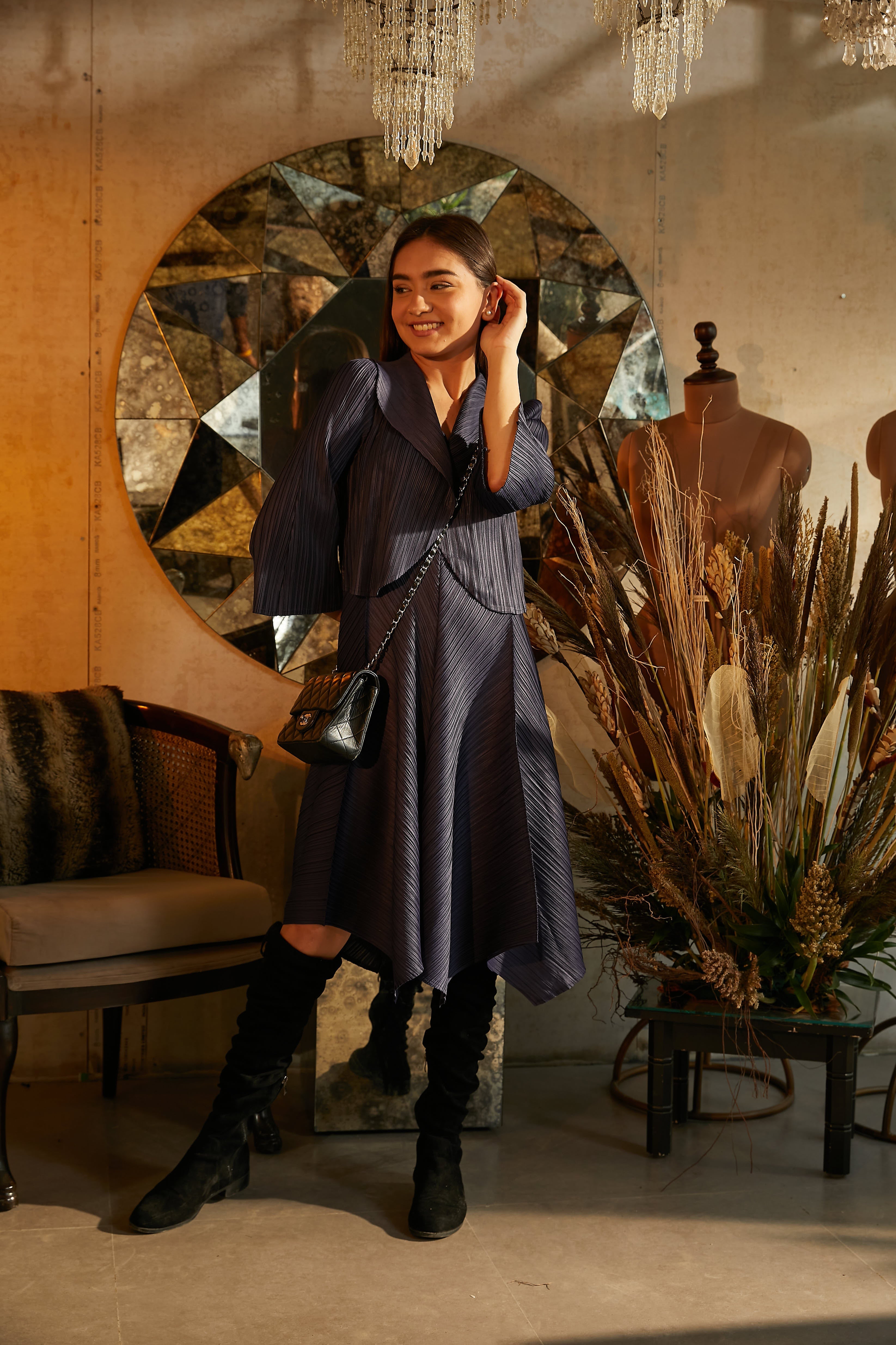 Zouave Pleated Dress with Bolero Jacket - Midnight Blue