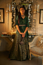 Load image into Gallery viewer, Nora Asymmetrical Top with Brocade Ghagra and Velvet Zardozi Belt - Green