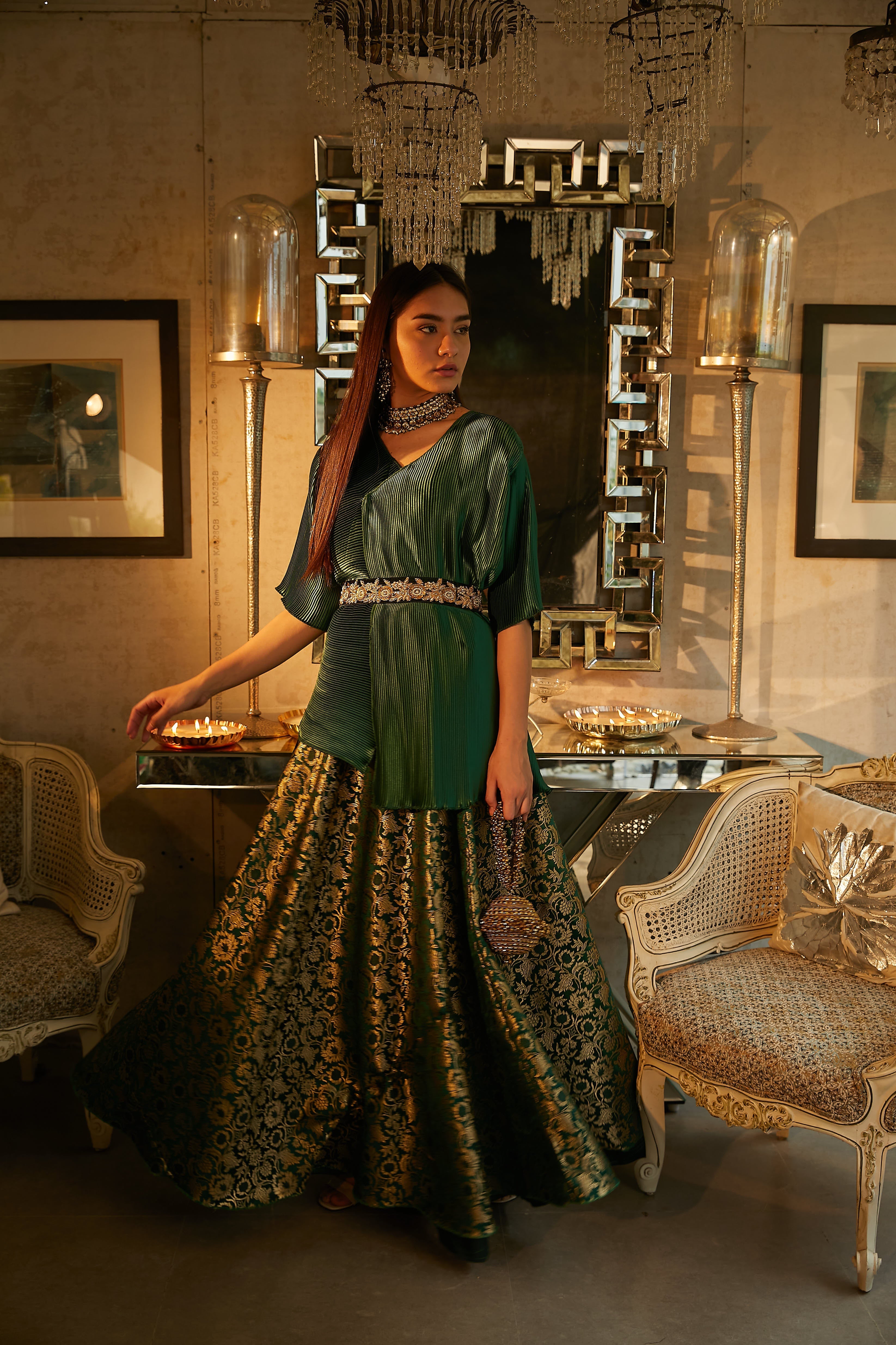 Nora Asymmetrical Top with Brocade Ghagra and Velvet Zardozi Belt - Green