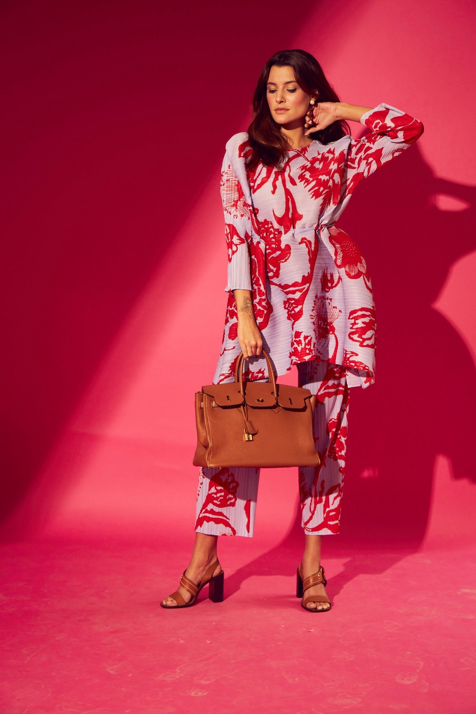 Satin Floral Print Pleated Stylish Tunic Sets