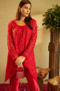 Fragrant Floral Uptown Sequence Tunic Co-ordinated with Pleated Pants - Red