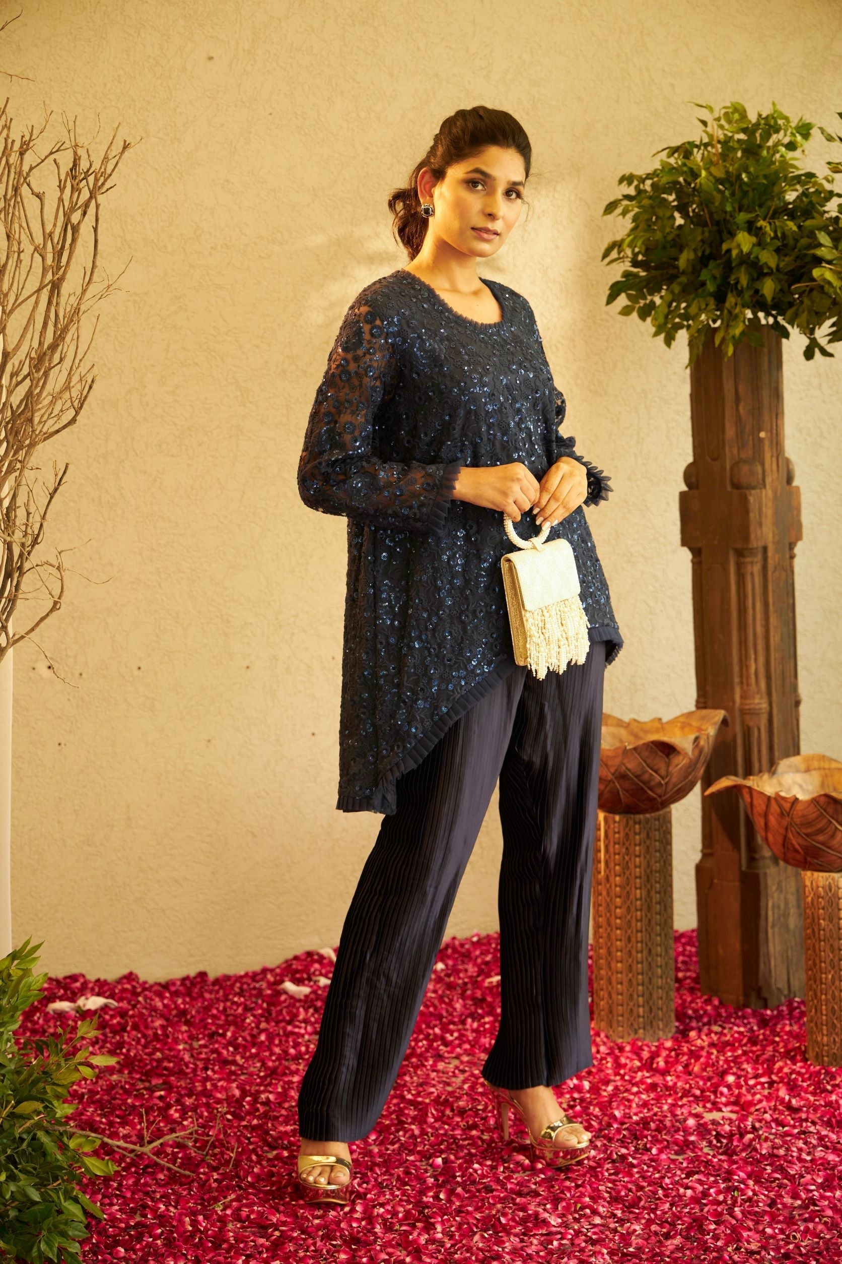 Fragrant Floral Uptown Sequence Tunic Co-ordinated with Pleated Pants - Lapis