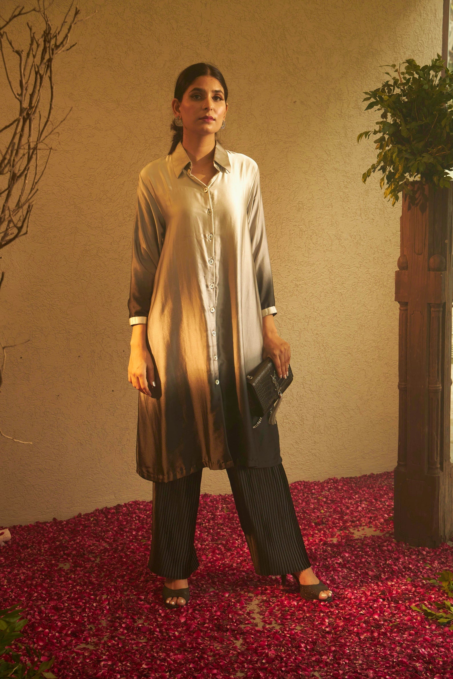 Siciley Satin Tunic Set - Black