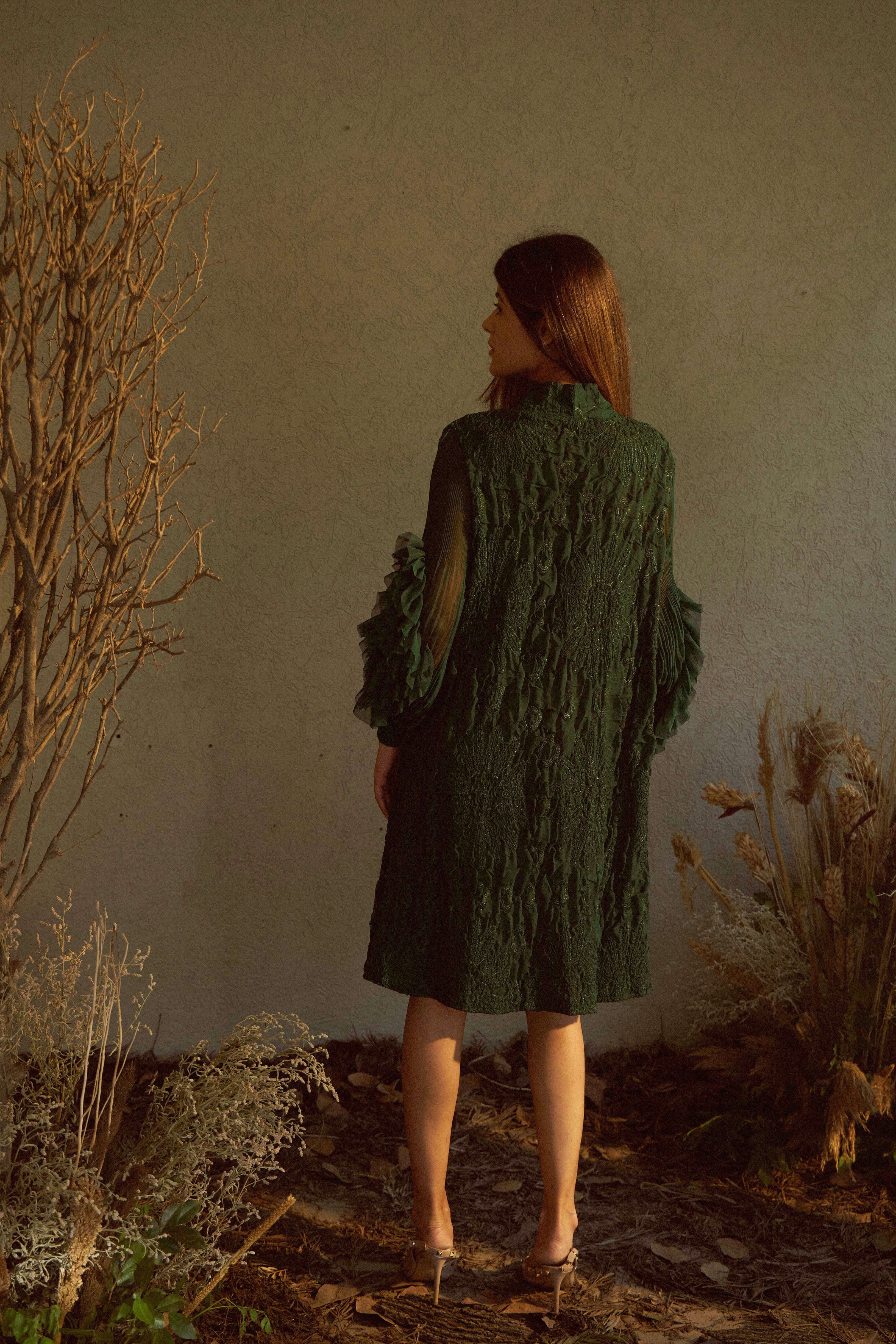 Felcia Flower Up Sleeve Dress - Green