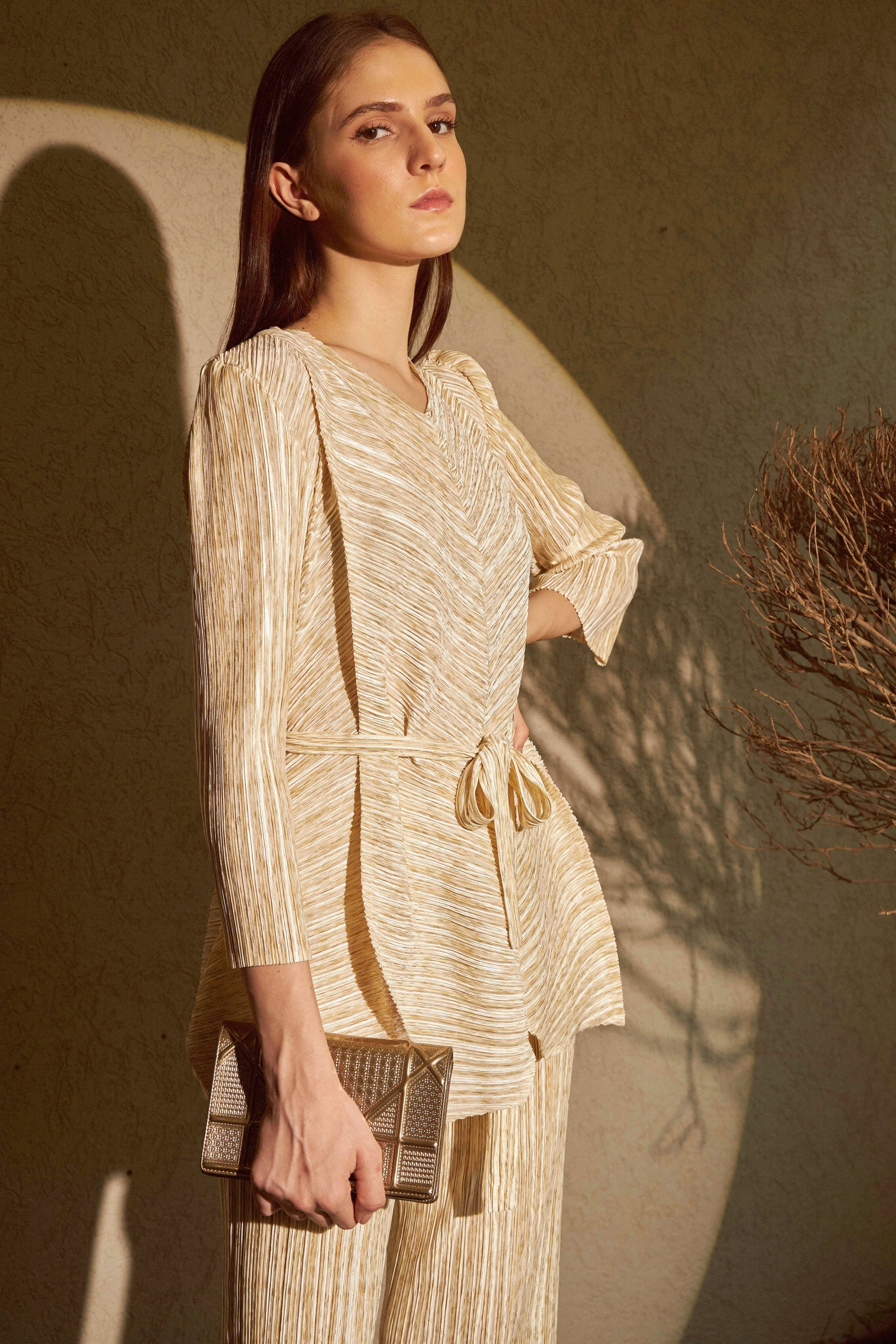 Milan Metallic Blair Pleated Co-ord Set - Ivory
