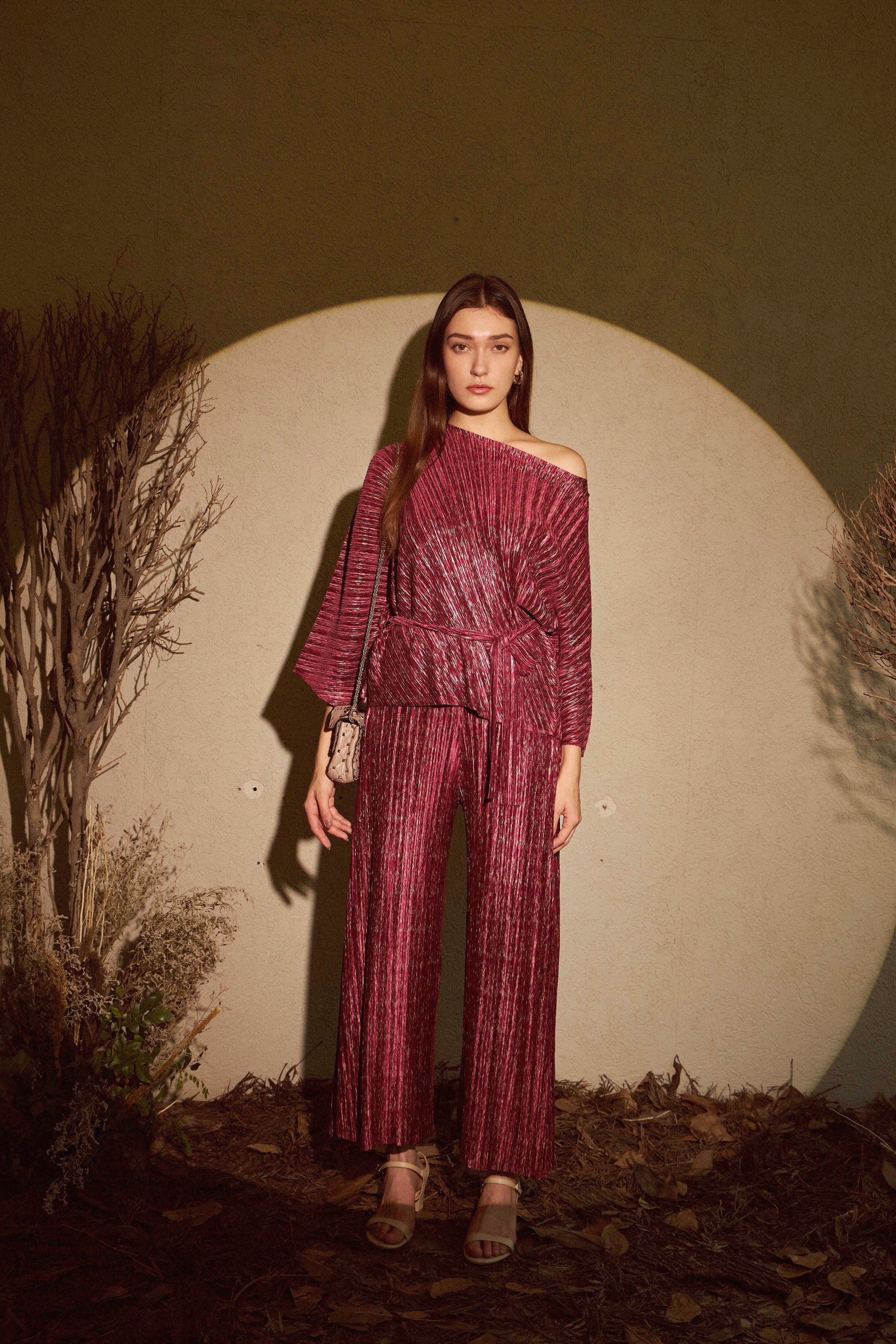 Milan Metallic Melissa Pleated Co-ord Set - Wine
