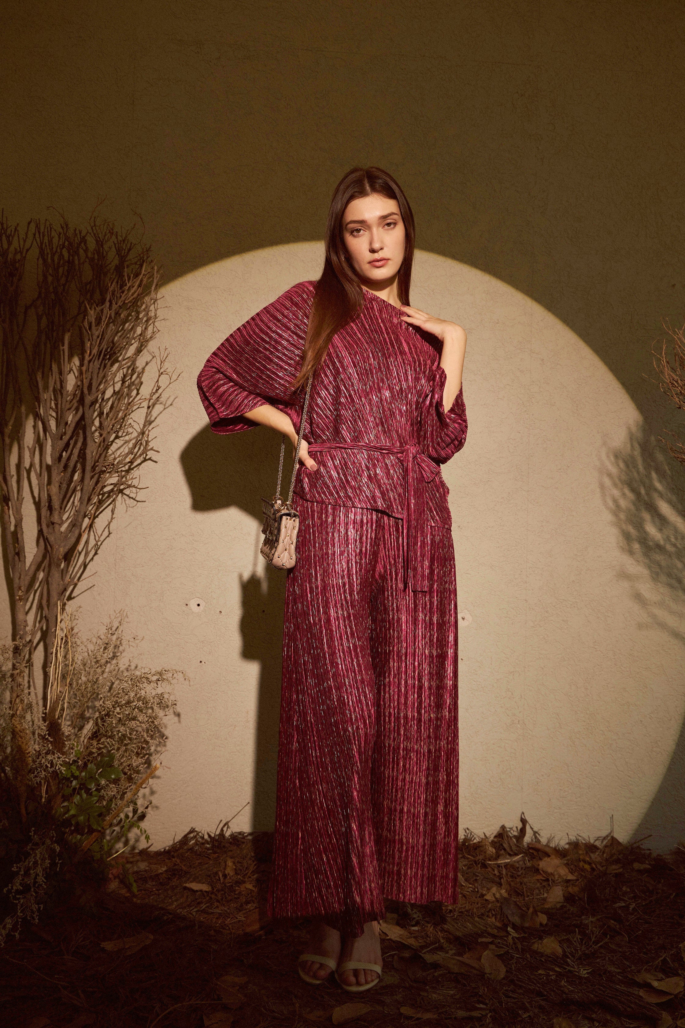 Milan Metallic Melissa Pleated Co-ord Set - Wine
