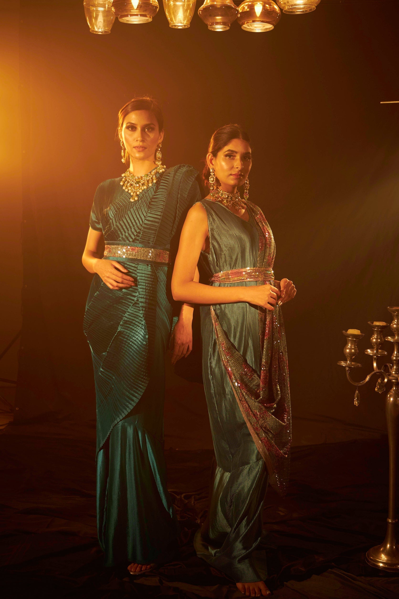 Buy Women Designer Pleated Teal Gown Saree &amp; Belt | Tasuvure